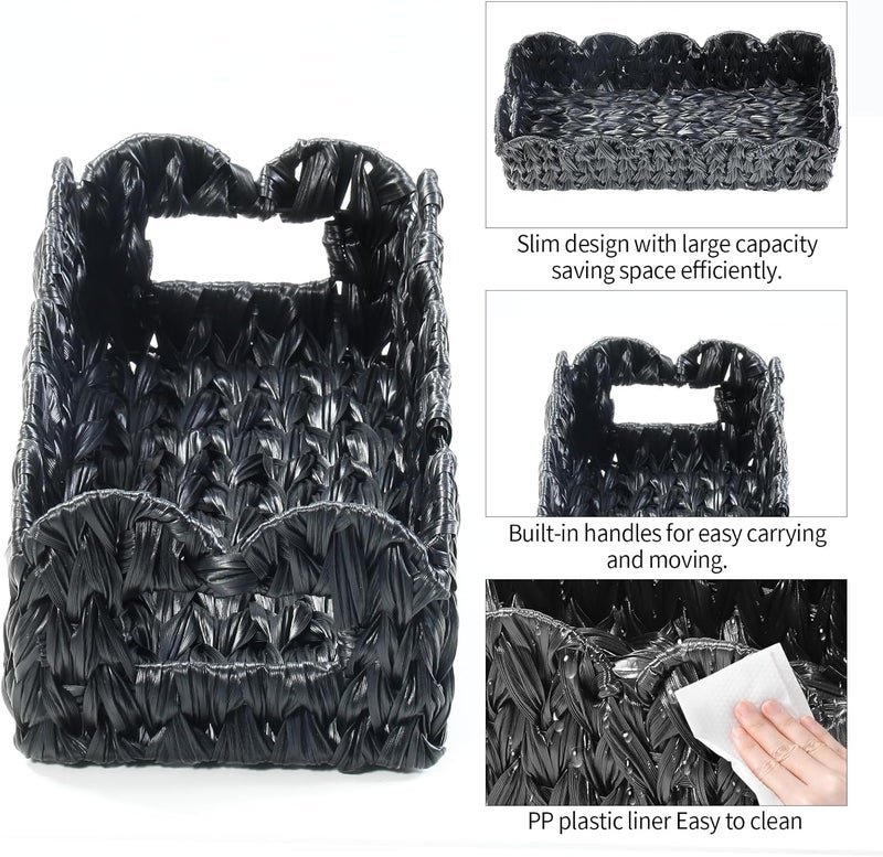 Coeusy Black Toilet Basket,Scalloped Wicker Basket for Toilet Paper Storage,Small Slim Storage Baskets for Shelf,Bedroom,Living Room,Rectangle - Image 5